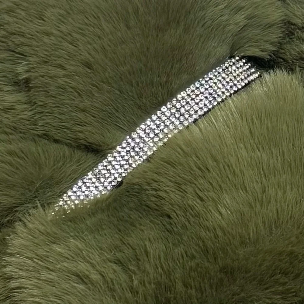 Faux Fur Bling Pull Through Scarf Reversible Wrap Collar Soft Furry -Olive Green